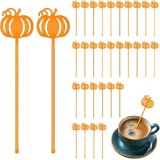 30 Pcs Halloween Swizzle Sticks Plastic Coffee and Cocktail Stirrers Fall Thanksgiving Drink Stirrers Cocktail Mixers for Halloween Fall Autumn Party