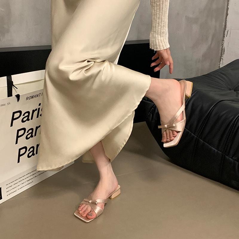 Satin Bow Sandals Silver with Skirt Thick Heel Sandals