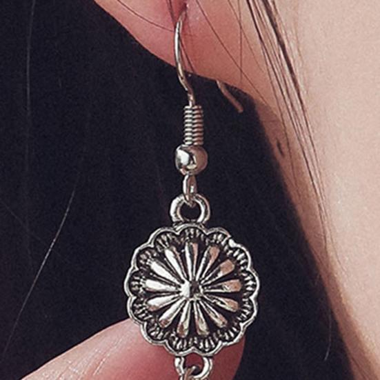 1 Pair Women Hanging Earrings Retro Anti-allergy Bohemian Style Flower Stone Shape Electroplated Faux Turquoise Ear Jewelry Prom Long Hook Earrings