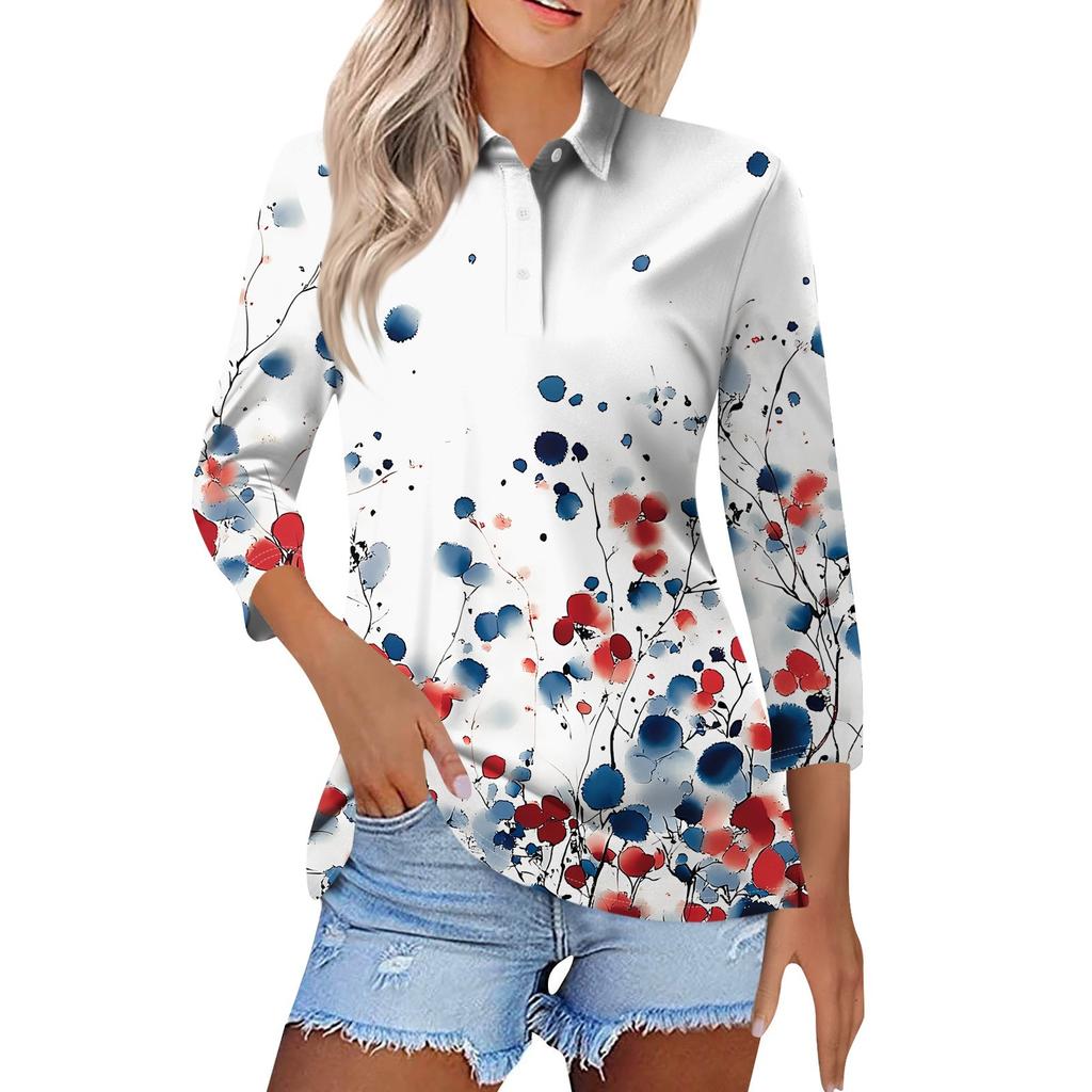 Женская модная повседневная рубашка с короткими рукавами 3/4 с лацканами и принтом, женские топы на пуговицах