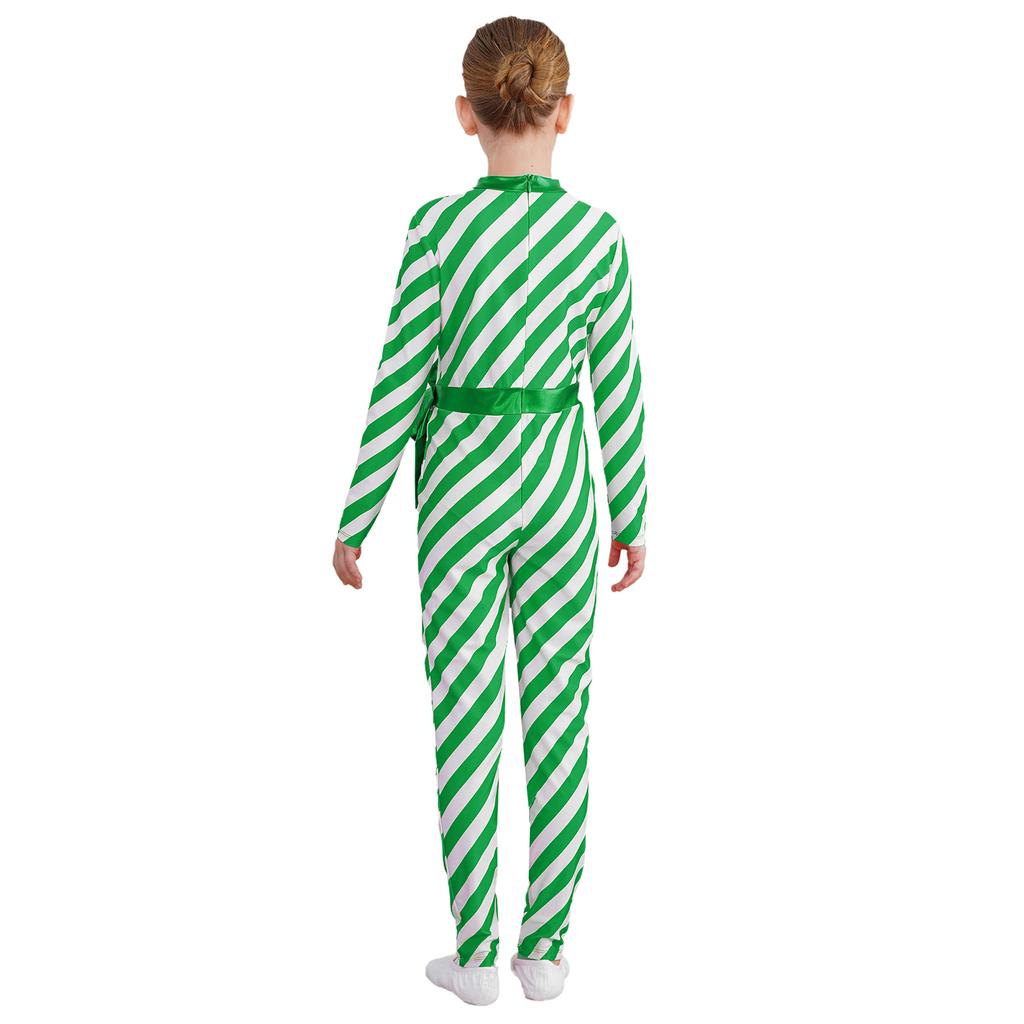Girls Candy Cane Costume Striped Design Long Sleeve Bow Knot Bodysuit Dance Jumpsuit Christmas Party Outfit