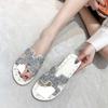 Korean Version 2025 Summer New Fashion Outer Slippers Women's Rhinestone Hong Kong Style Flat Bottom One-word Drag Beach Sandals Women