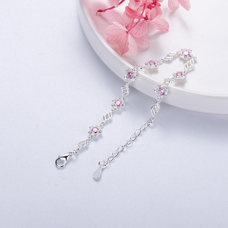 Sweet Pink Zircon Sakura Flower Charm Bracelets for Women INS 925 Sterling Silver Bracelet Wedding Party Jewelry