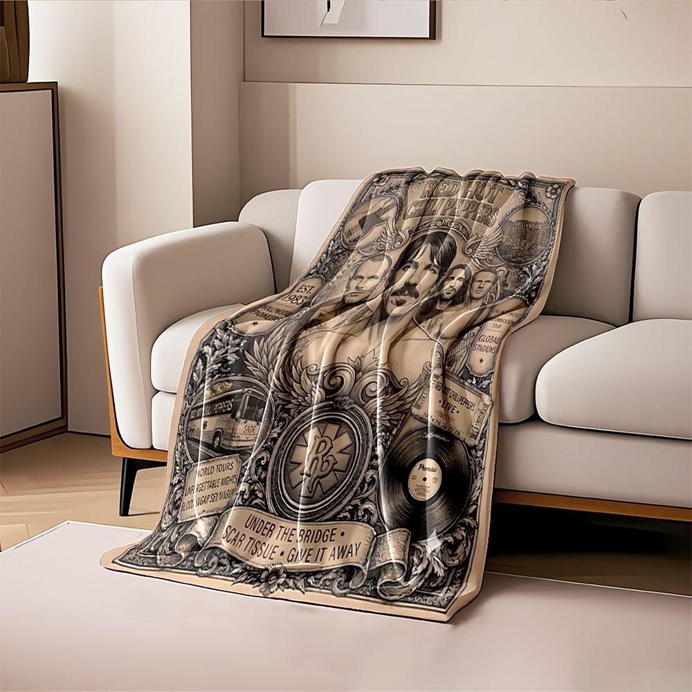 A vintage poster design featuring band members, music elements, and text. for all seasons blanket lunch break throw gift