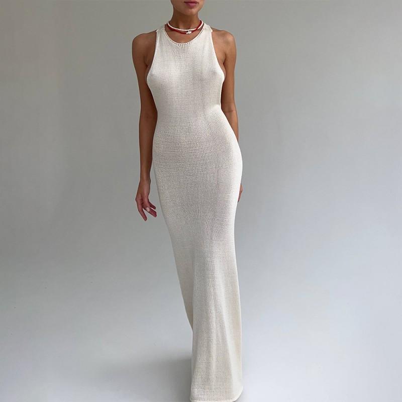 Womens Sleeveless Knit High-Waist Bodycon Midi Dress With T-Back Detail 2026 Casual Fit