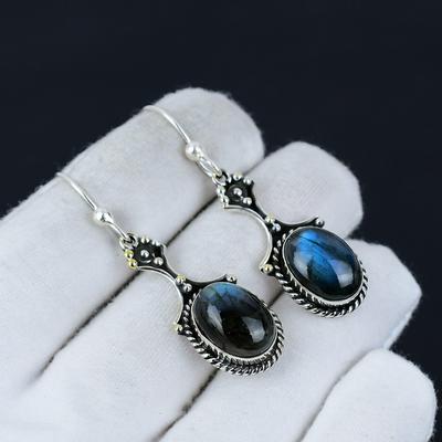 Серьги из серебра 925 пробы с драгоценным камнем лабрадорит, серьги-подвески из серебра в стиле бохо, подарки на День святого Валентина, подарки для нее