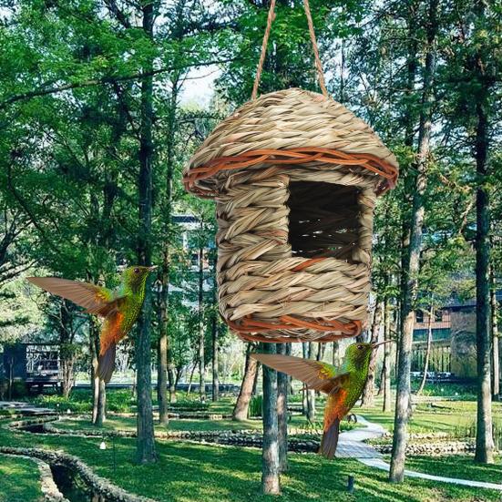 Домик для колибри со шнурком из травы, тканое вручную место для отдыха, подвесной натуральный скворечник, птичья хижина, уличные принадлежности