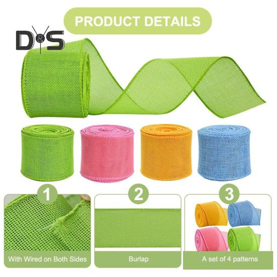 4 Rolls Colored Ribbon 5m Burlap Wired Ribbons Color-Fast Craft Ribbon Accessories for Easter Wreath Gift Wrapping Wedding Bouquets