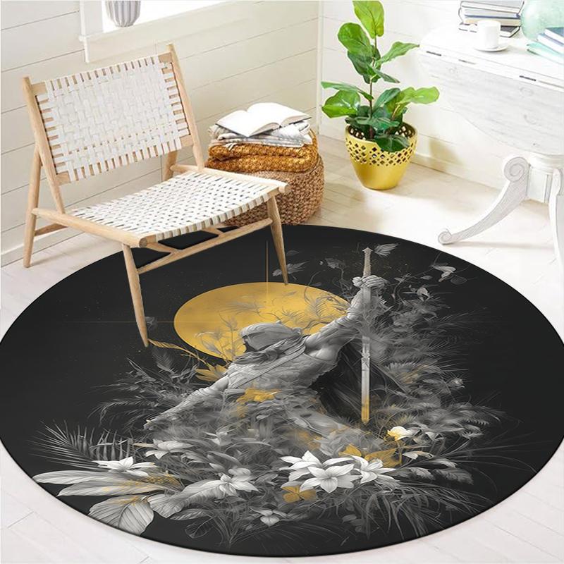 Retro Line Roman Warrior Round Area Rug,Carpet Rug for Living Room Bedroom Sofa Playroom Decor,Non-slip Floor Mat