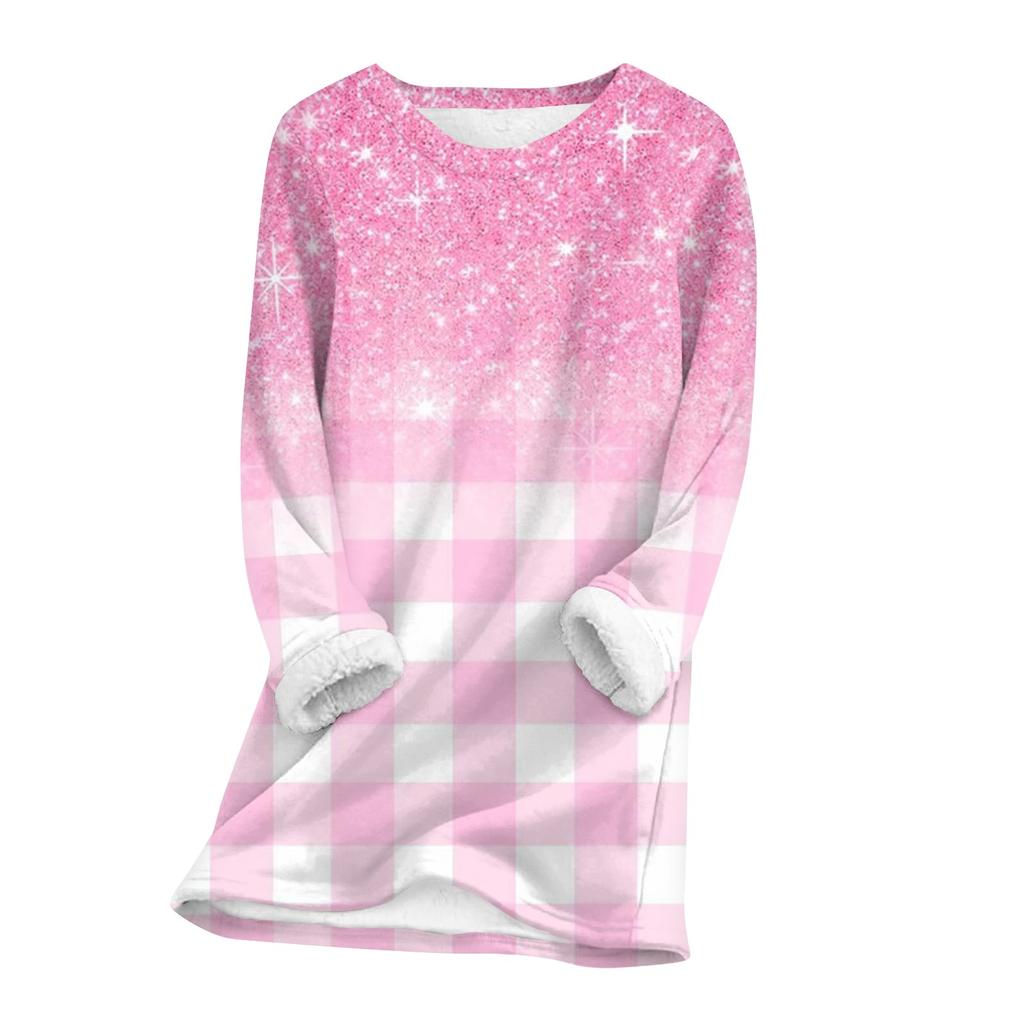 Женский топ с круглым вырезом, с принтом, утолщенный плюшевый кашемировый теплый длинный топ с длинными рукавами