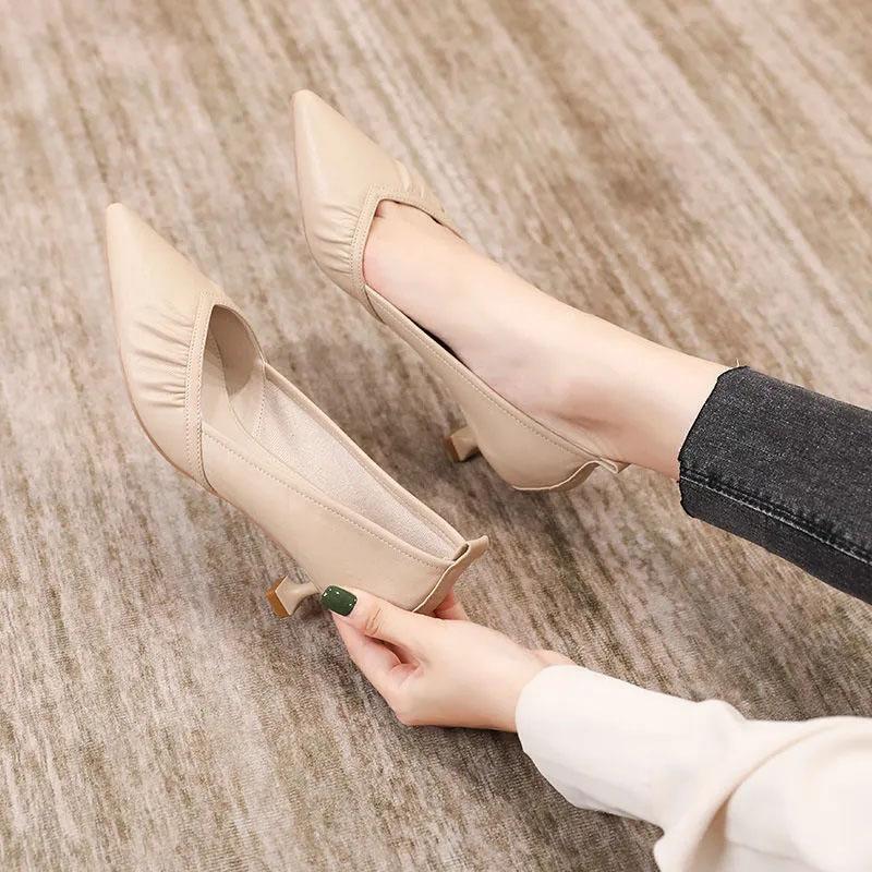 WTEMPO Solid Color High-heeled Shoes Women's Spring and Autumn Thin Heel Pointed Toe Pleated Soft Leather Soft Sole Middle Heel Breathable Shoes