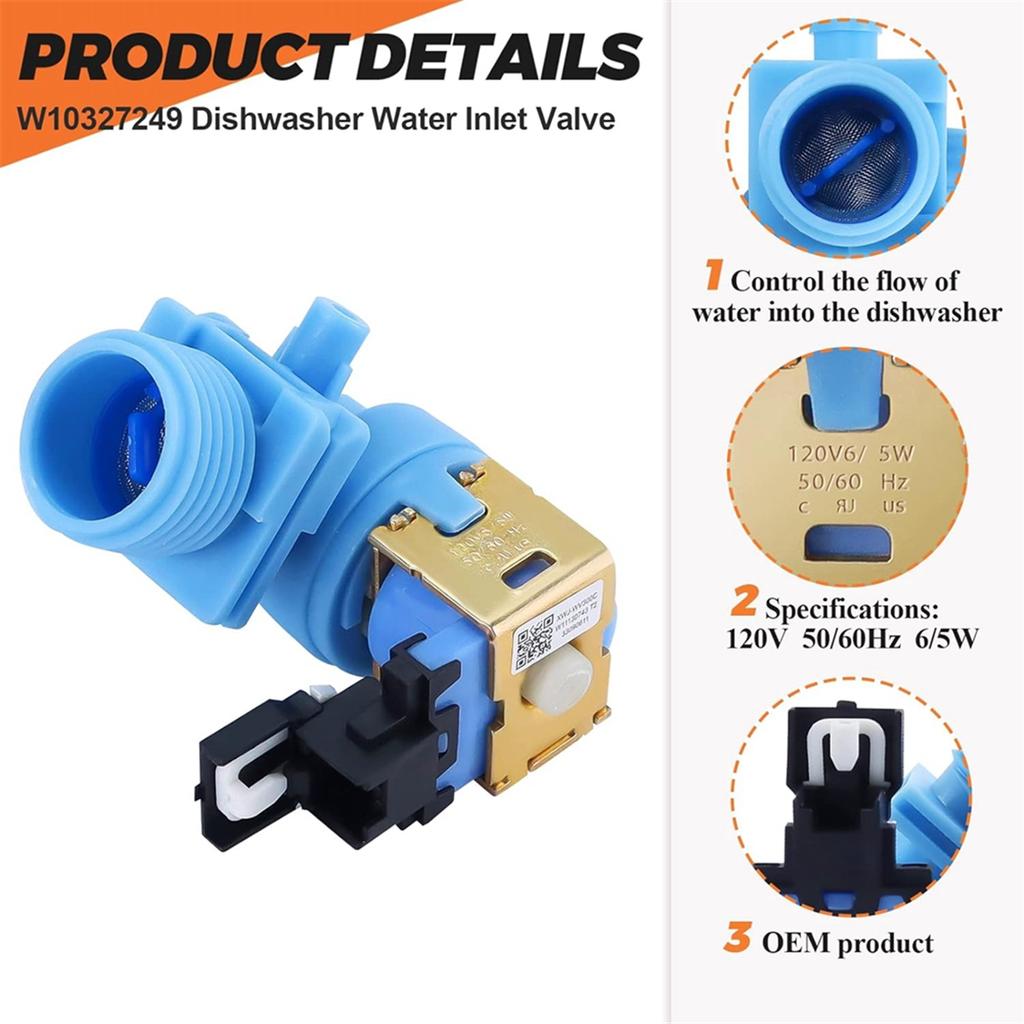 W10327249 W10327250 Клапан впуска воды для посудомоечной машины, подходит для Whirlpool, Kenmore 665 662 Series, для Kitchenaid, заменяет W11130743