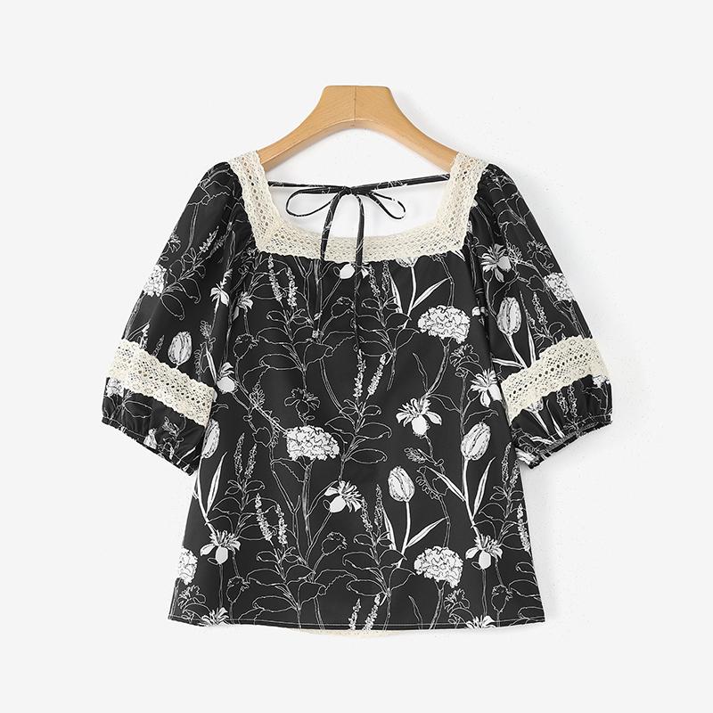 ZANZEA Women Lace Splice Square Collar Summer Short Sleeve Floral Blouse