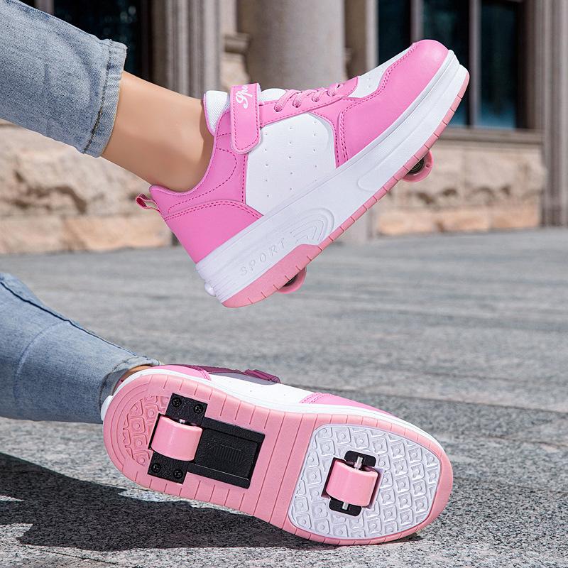Boys Double Wheel Skates Girls Button Wheel Shoes Casual Sports Shoes Double Wheel Runaway Shoes