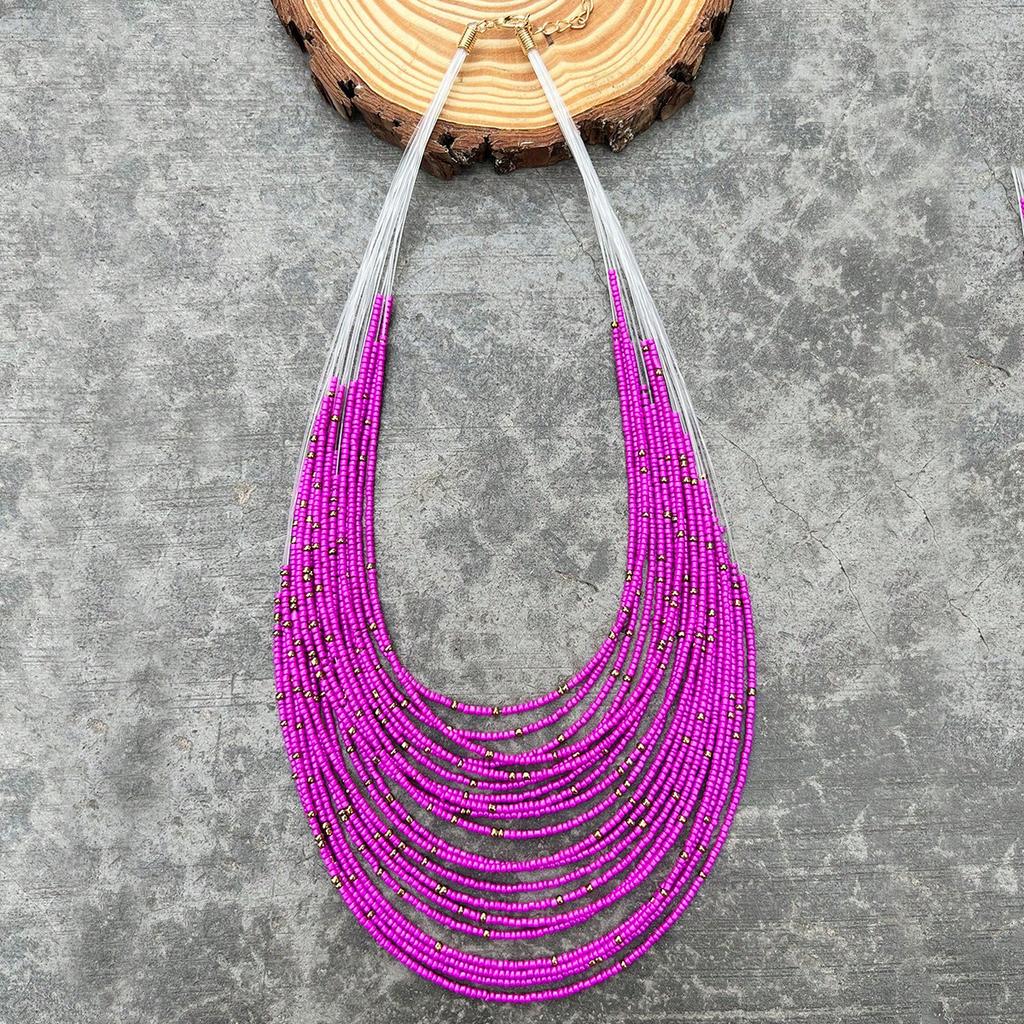 Ретро Этнический Стиль Ожерелье из Рисовых Бусин Богемный Многослойный Бисероплетеный Свитер Цепочка