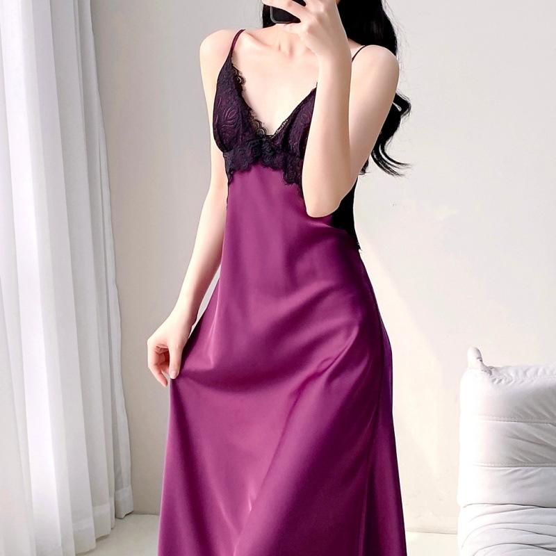 Suspender nightdress women's summer ice silk long dress loungewear sexy V-neck loose and comfortable can be worn outside black