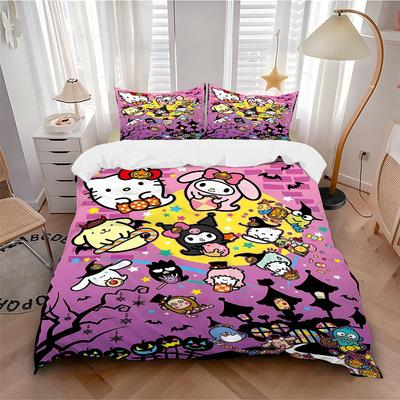 3 шт. Постельное белье с дизайном персонажей Sanrio на Хэллоуин: 1 мягкое пододеяльник + 2 наволочки, Машинная стирка, Подходит для всех сезонов, Идеальный подарок W028