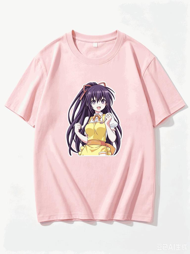 Тока Ятогами Date A Live Желтый фартук Веселая поза Аниме стикер Графический футболка с круглым вырезом с коротким рукавом