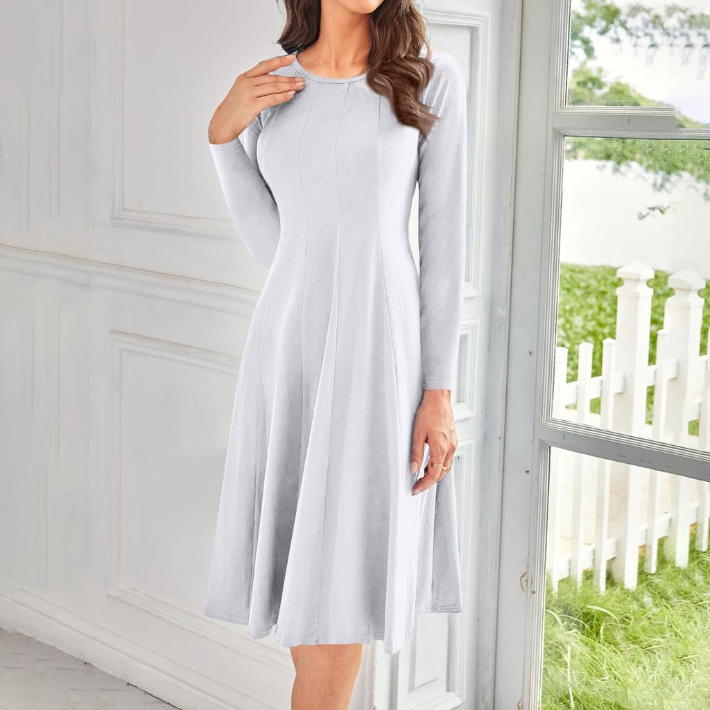 Женское повседневное модное платье миди с круглым вырезом и длинным рукавом