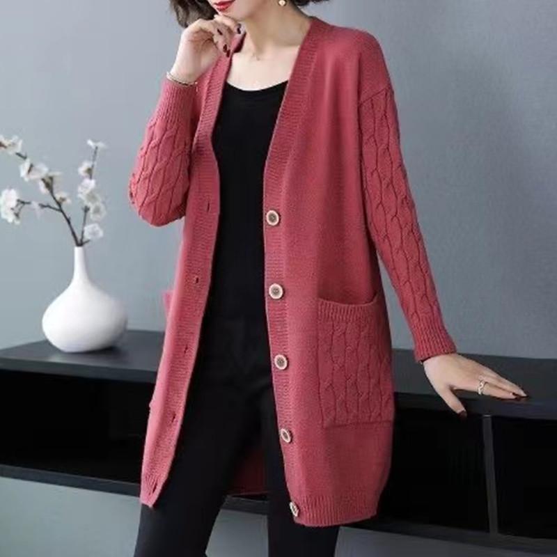Вязаный кардиган, женский свободный корейский вариант средней длины, весенний свитер большого размера, толстая осенне-зимняя куртка с карманами