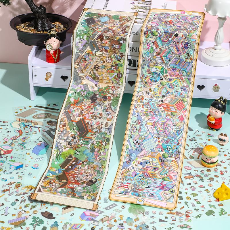 Scroll style Creative Cartoon 3D Landscape Sticker Book PET DIY Cabin Scene Pocket Sticker Miniature House Sticker Cabin Scene