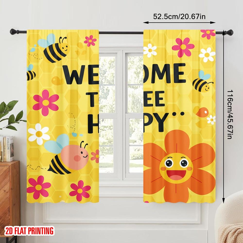 2pcs 2D Flat Printing Window Curtains Welcome Bee Happy Flowers Polyester Without Electricity Party Decorations for Room Decor