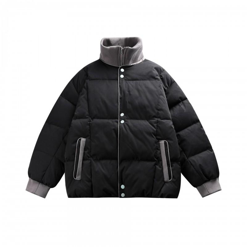 Unisex Winter Cotton Puffer Jacket Oversized Warm Hoodless Coat With Flip Collar Side Pockets