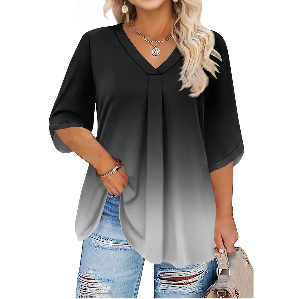 Women's Fashion Large Size Print V-Neck Three-quarter Sleeve Top
