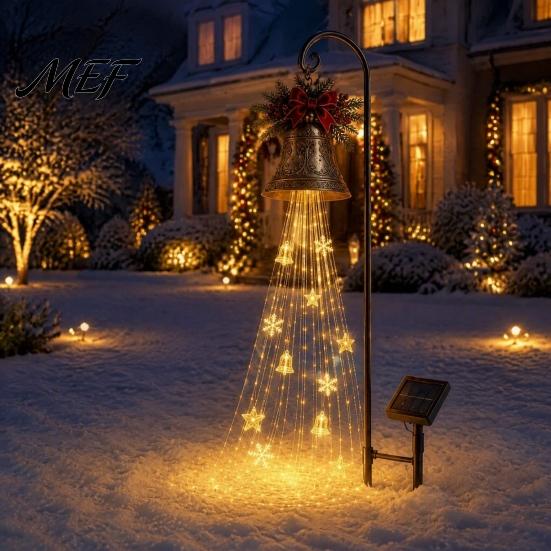 Iron Art Holiday Displays Solar Christmas Bell Waterfall Light, LED Metal Garden Stake with Red Ribbon, Waterproof Path Lighting Auto On/Off, Outdoor