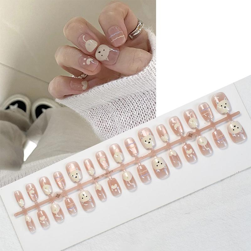 30 Pcs Cute Cartoon Bunny Kt Cat False Nail Wearing Armor Wearable Manicure Artificial Press On Nail Tips Diy Nail Art Decoratio
