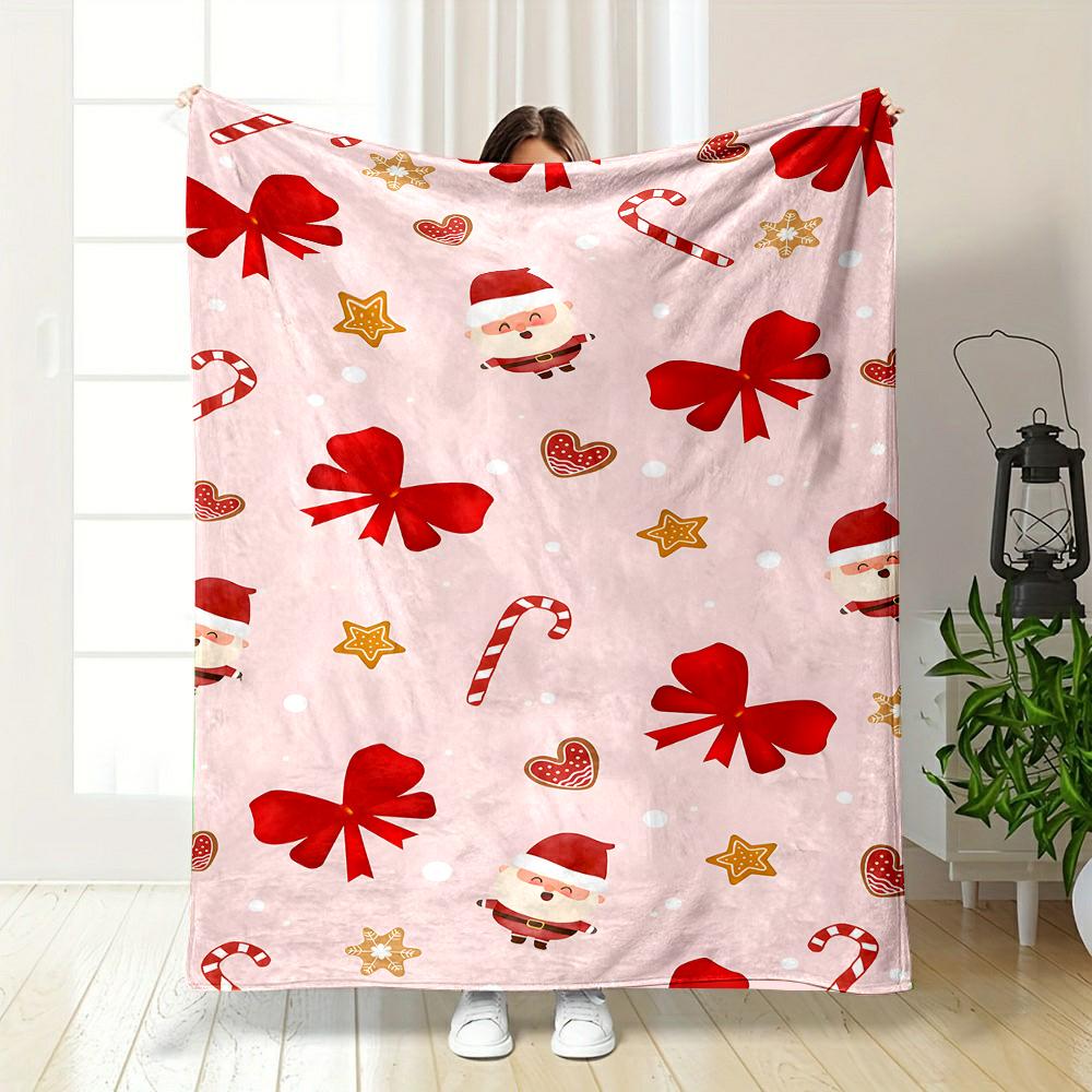 Santa, Candy Canes & Red Bows Pattern Patterned flannel blanket perfect for the bedroom living room, sofa, or a little nap