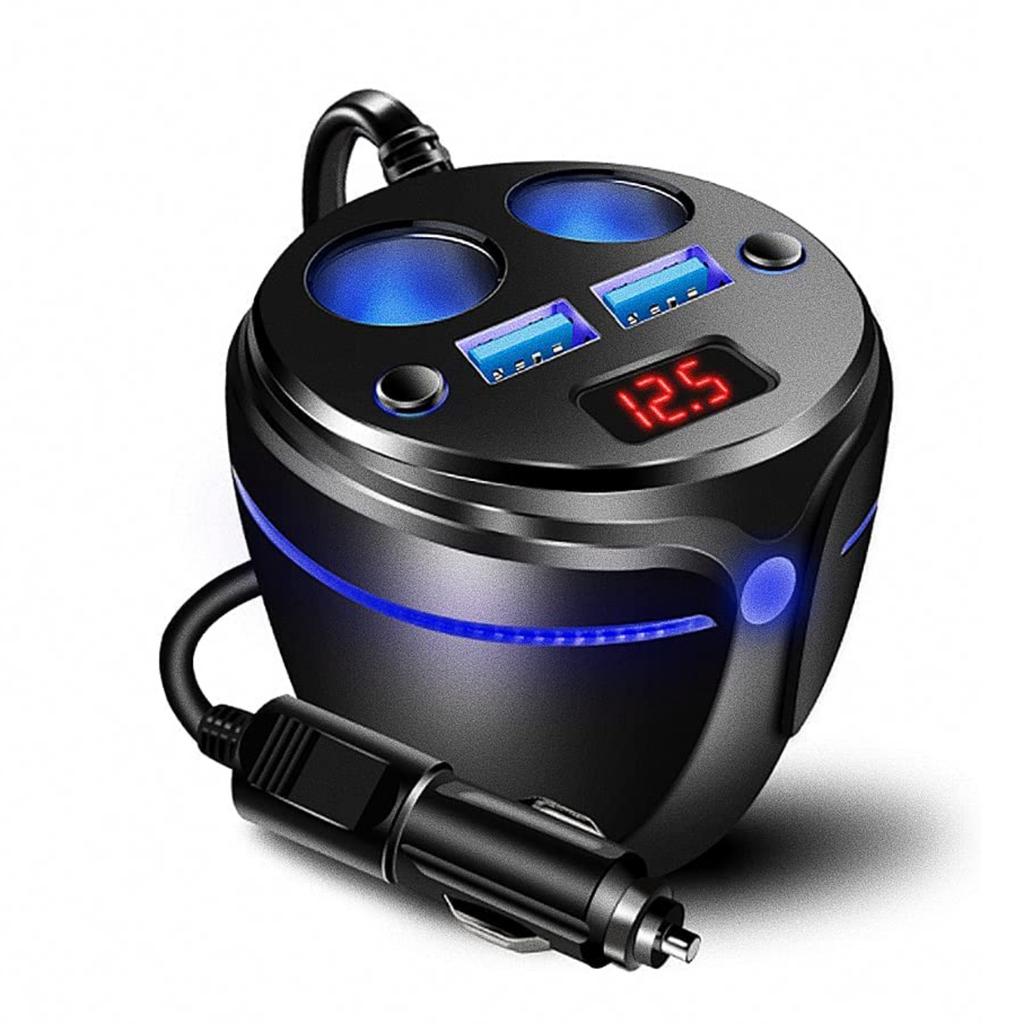 Auto Socket Lighter Adapter,Car Charger 2 USB QC and 2 Socket Cup Shape Auto Socket Lighter Splitter with LED Voltage Display Atmosphere Dual On/Off