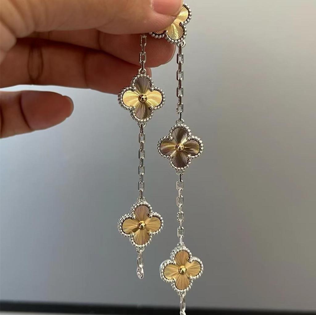 18K Gold Christmas Laser Four-Leaf Clover Necklace with CNC Carved Pendant & Sterling Silver Chain for Women