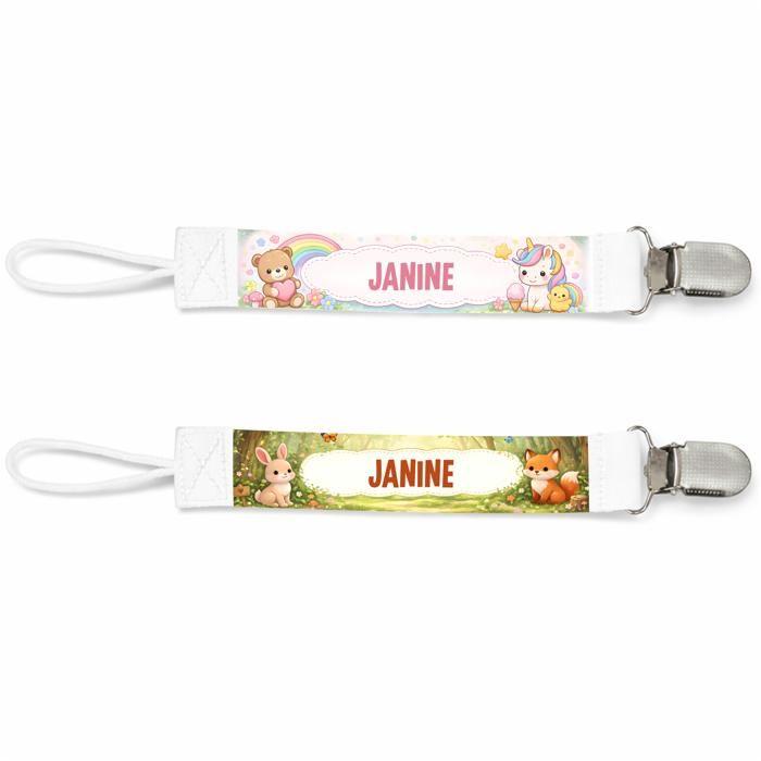 Planetee Lot de 2 Attaches Tétine pour Janine Animaux Mignons - Attache Sucette Personnalisée Bébé Fille Cadeau Naissance