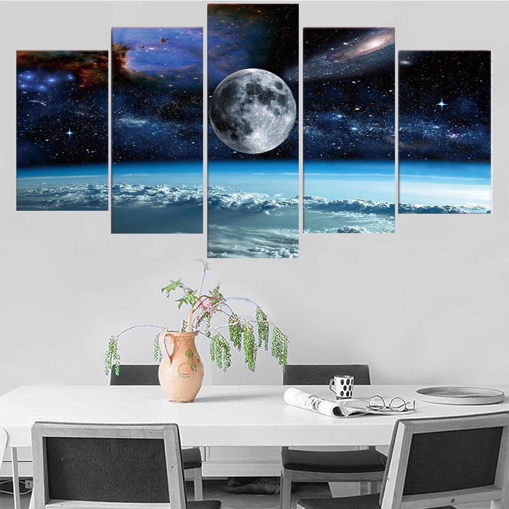 Wall Art Canvas Painting 5 Pieces Space Universe Moon Stars Painting Modular Canvas Home Decor Poster For Living Room