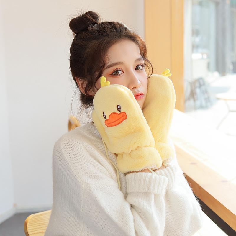 New Cartoon Bag Finger Gloves Hanging Neck Plush Warm Young Autumn and Winter Female Students Cycling Cold-proof Little Yellow Duck