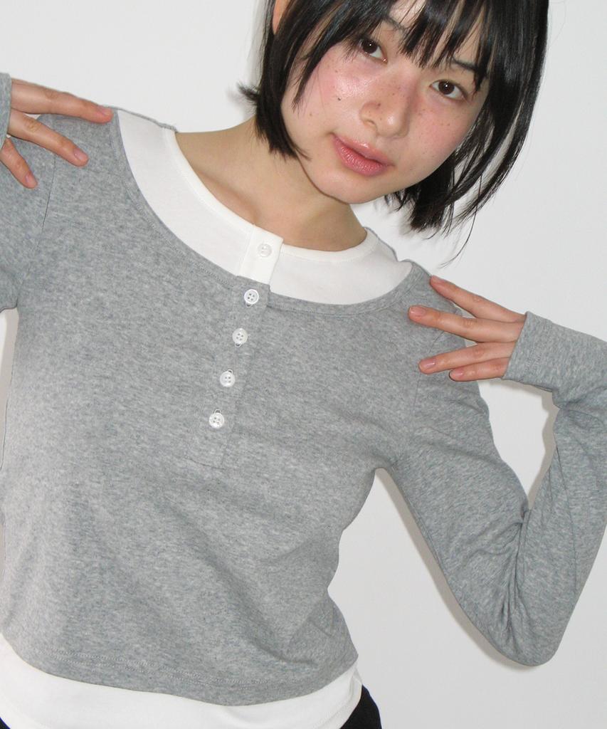RONRON Layered Henryneck Long Sleeve Gray