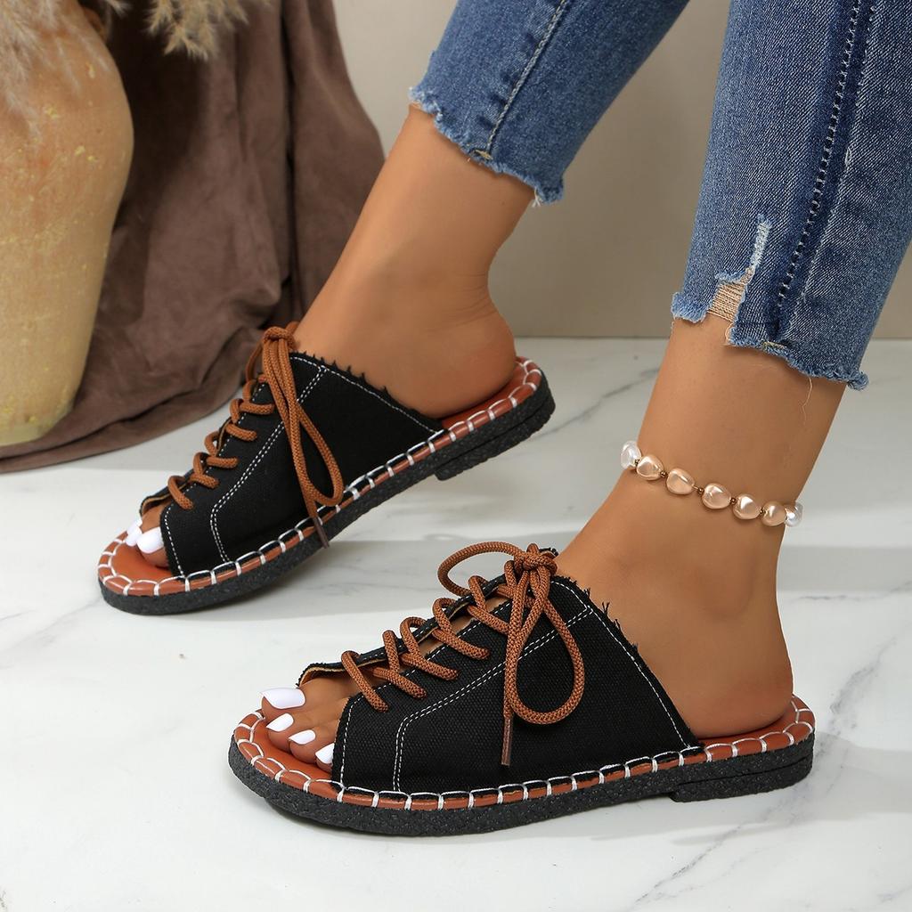 2025 Summer New Open-toed Slippers Women's Fashion Flat-bottomed Cross-lace Car Line Beach Fisherman Sandals Women