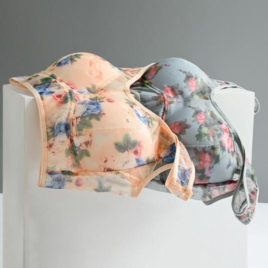 Женский бюстгальтер среднего возраста, бесшовный тонкий ледяной шелк, охлаждающий цветочный принт, беспроводной, не зацепляющийся, пуш-ап, бюстгальтер для повседневного ношения для мам