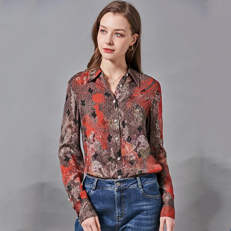 Женская рубашка с лацканами из эластичного шелка с принтом Ханчжоу