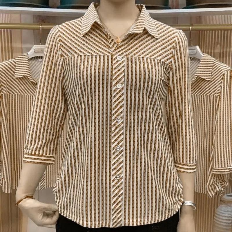 Plus Size Mother's Striped Three-quarter-sleeved Small Shirt Fashionable Loose and Thin All-match Cardigan Top