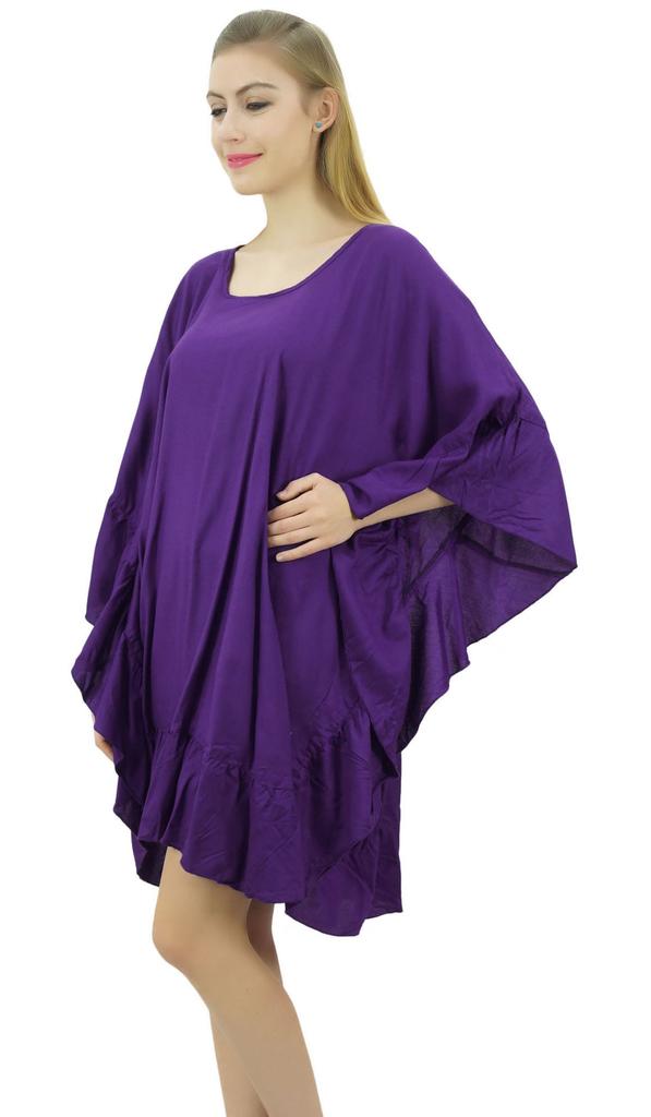 Bimba Womens Purple Frill Kaftan Coverup Dress Easy Wear Knee Length