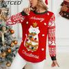 Autumn/Winter Jacquard Pullover Christmas Sweater with Cartoon Kitten Embroidery Red Knitwear