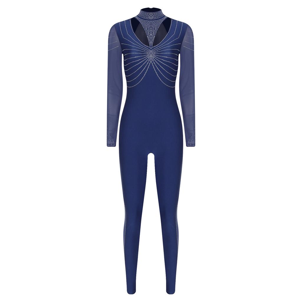 Женский гимнастический комбинезон с блестящими стразами, пэчворк, с воротником-стойкой, длинными рукавами, застежкой-молнией на спине.
