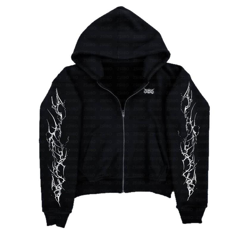 2026 Retro Punk Graphic Print Zip-Up Hooded Sweatshirt Men Loose Fit Long Sleeve Streetwear