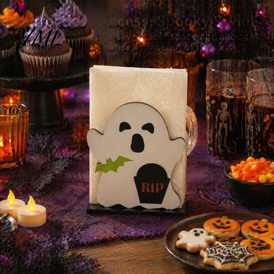 Halloween Party Table Decor Ghost Wooden Napkin Holder, Cute Paper Towel Decorative Festive Holiday Kitchen Storage Stand, Freestanding Tissue