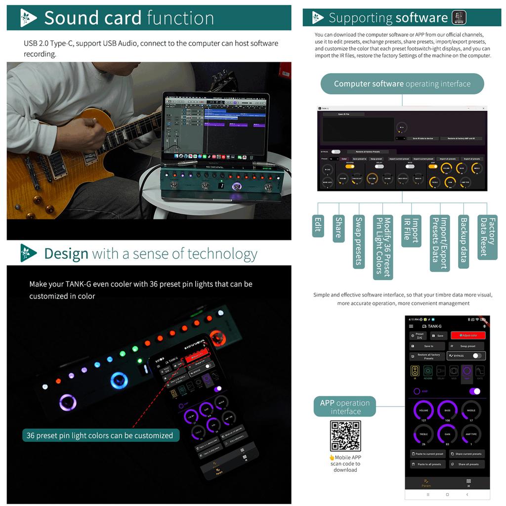 M-VAVE Tank-G Guitar Multi-Effects Pedal Rechargeable 36 presets 9 preamp slots 8 IR speaker slots 3 modulation/delay/reverb effects for guitar
