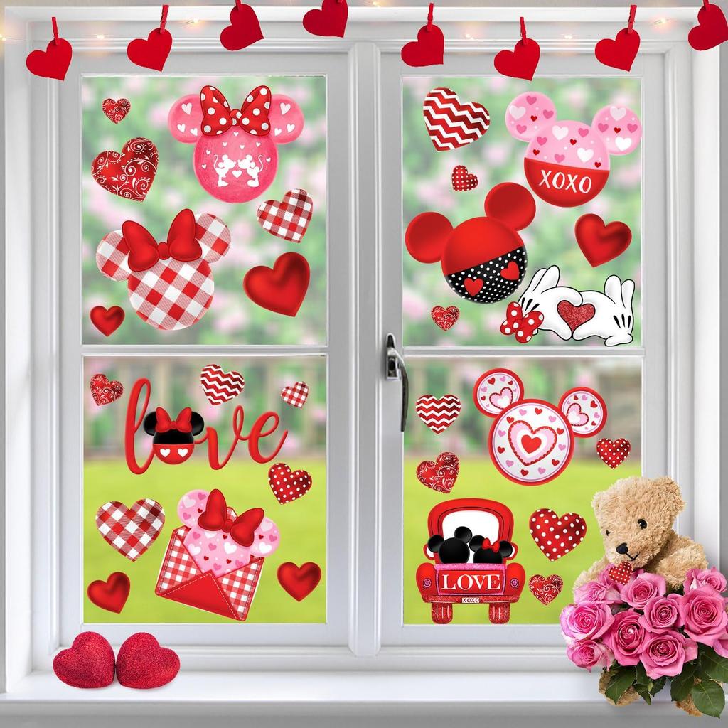 Red and Pink Valentine's Day Mouse Sticker Decals, 77pcs Reble Waterproof PVC Window Decorations for Home Party Supplies