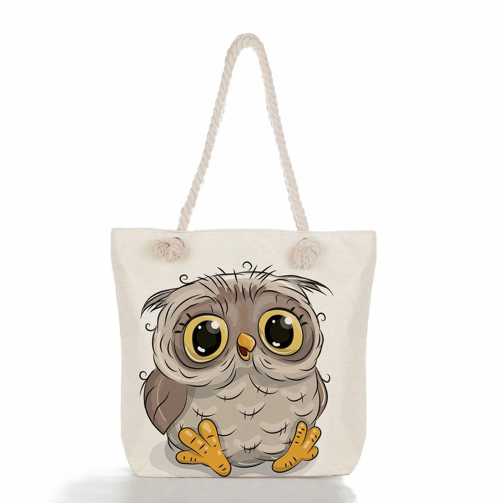 Cute owl print thick rope single-shoulder beach bag 7288 CLE