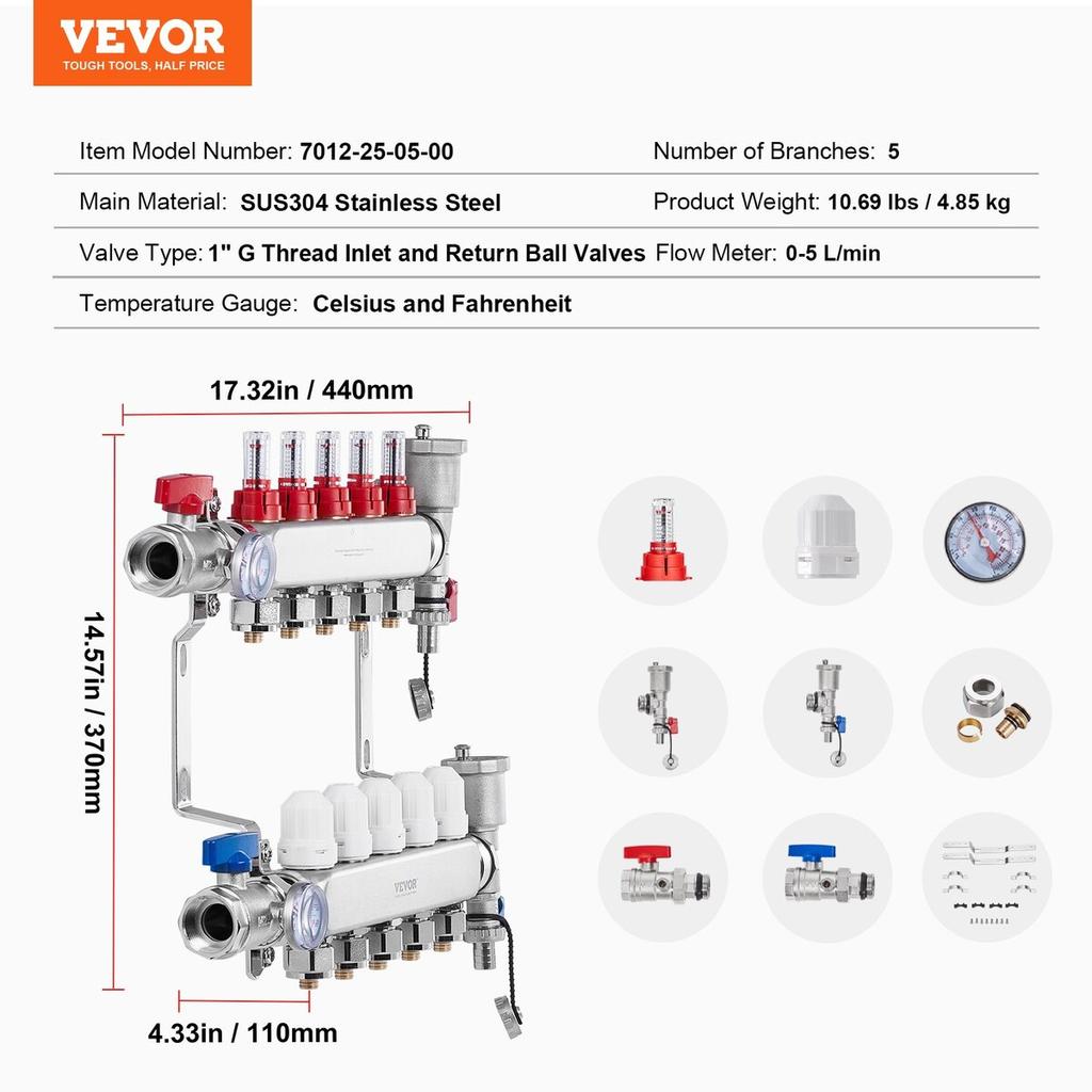 5-Branch Radiant Heat Manifold 1/2" PEX Tubing Floor Heating Manifold Set